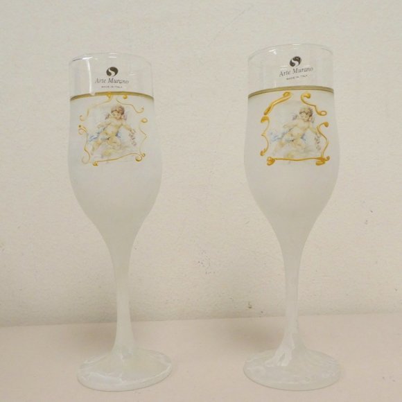 NEW ARTE MURANO Glass 2 WINE CHAMPAGNE GLASSES angels cherubs hand painted - Picture 1 of 4
